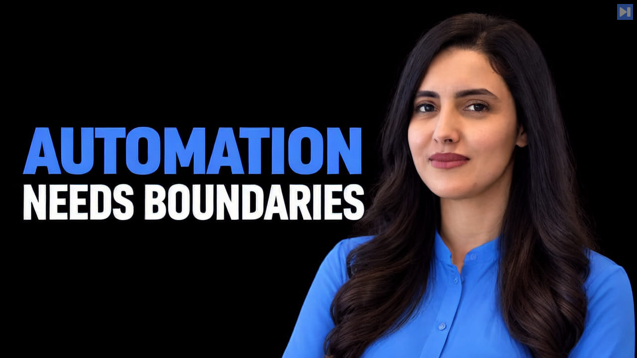 Soukaïna Abelhad in a plain blue top at right beside the blue and white headline "AUTOMATION NEEDS BOUNDARIES" on black.