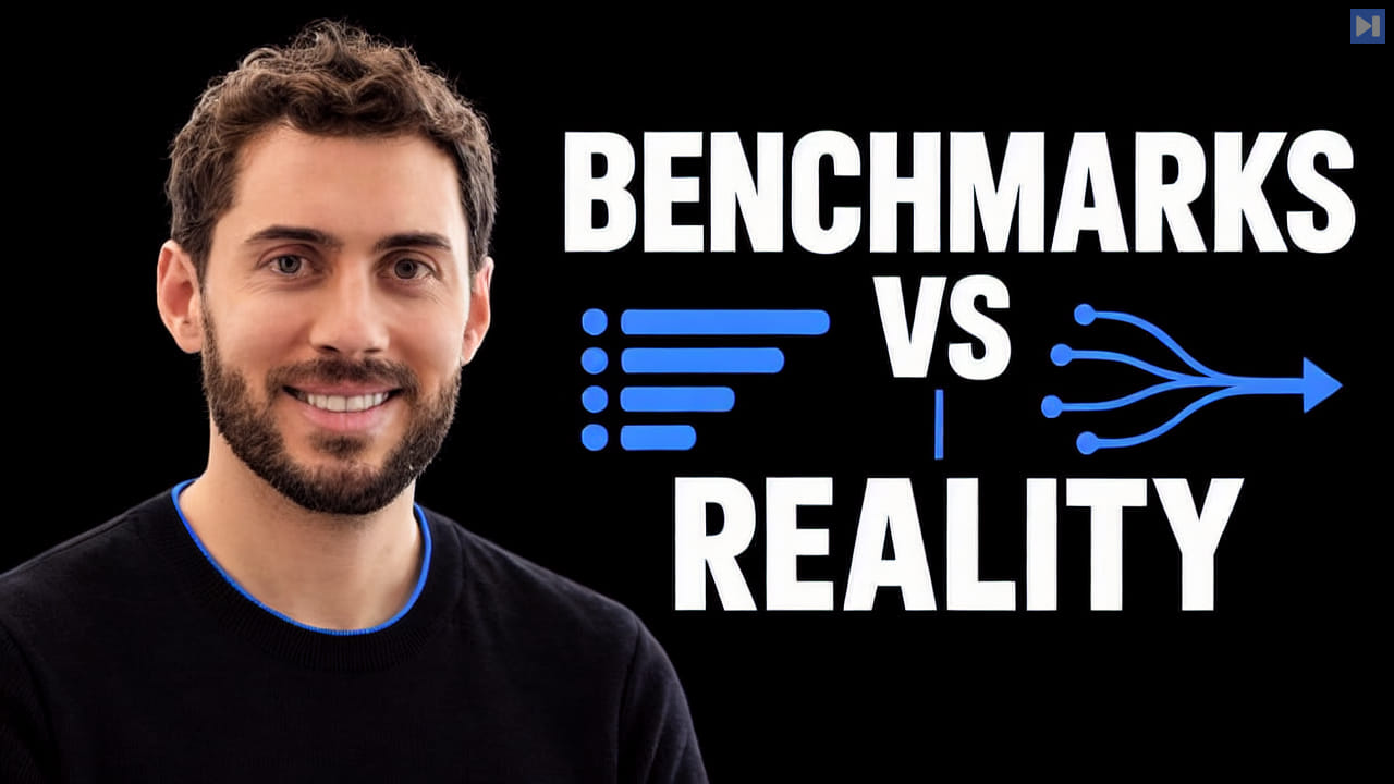 Nick Heiner on the left against black beside the headline ‘BENCHMARKS VS REALITY’, blue comparison bars and converging lines.