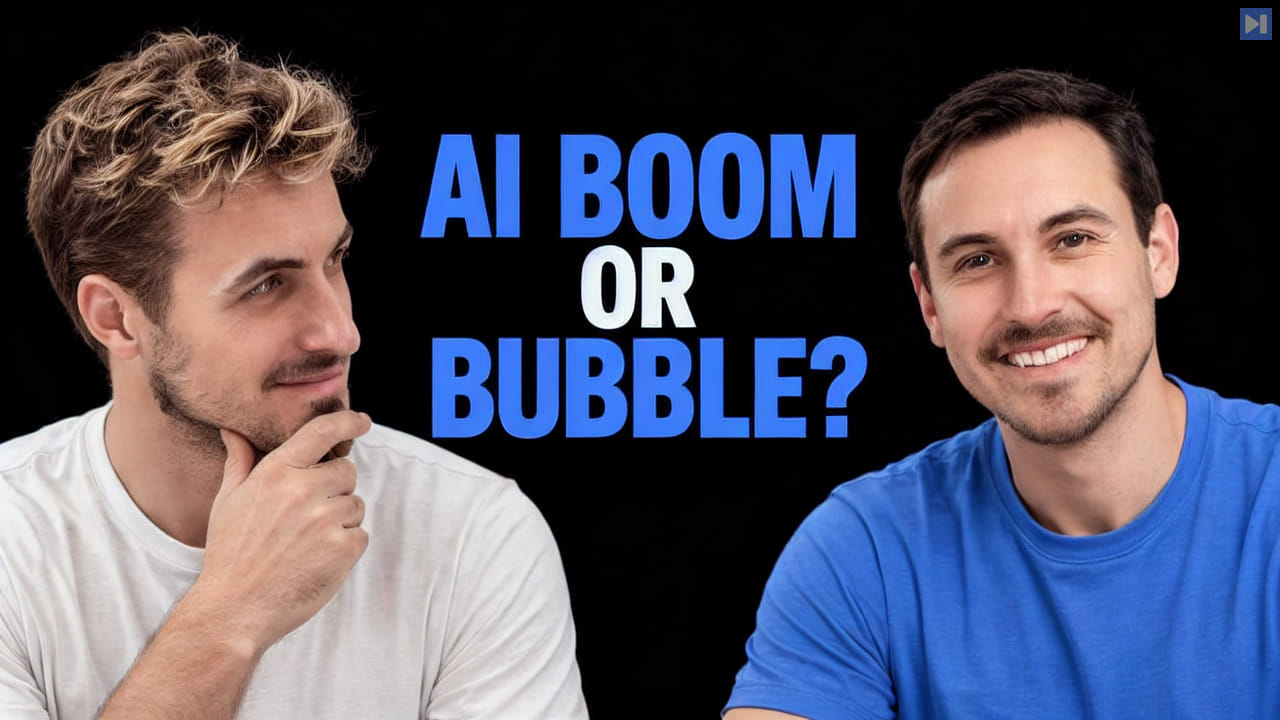 Pierce Freeman and Richard Diehl Martinez in blue and white tops against black, one touching his chin, alongside the blue and white headline "AI BOOM OR BUBBLE?".