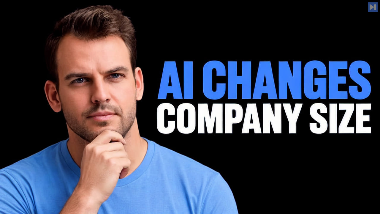Nathaniel Whittemore in blue touching his chin beside the blue and white headline "AI CHANGES COMPANY SIZE" on black.