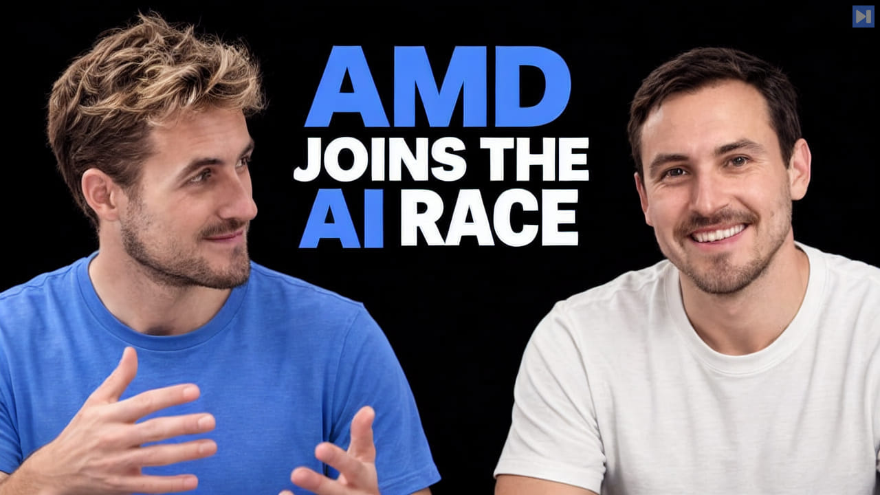 Pierce Freeman and Richard Diehl Martinez in blue and white tops against black, alongside the blue and white headline "AMD JOINS THE AI RACE".