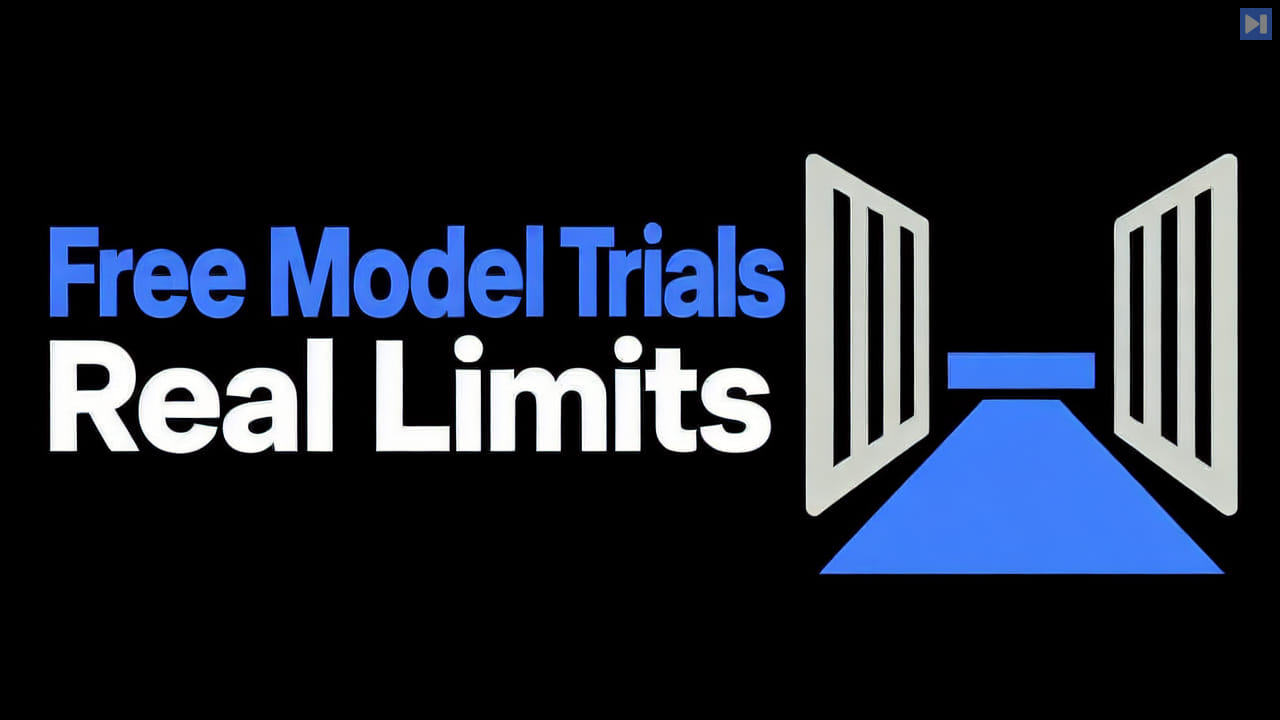 A flat open-gate and limited-path illustration beside the blue and white headline Free Model Trials Real Limits on black.