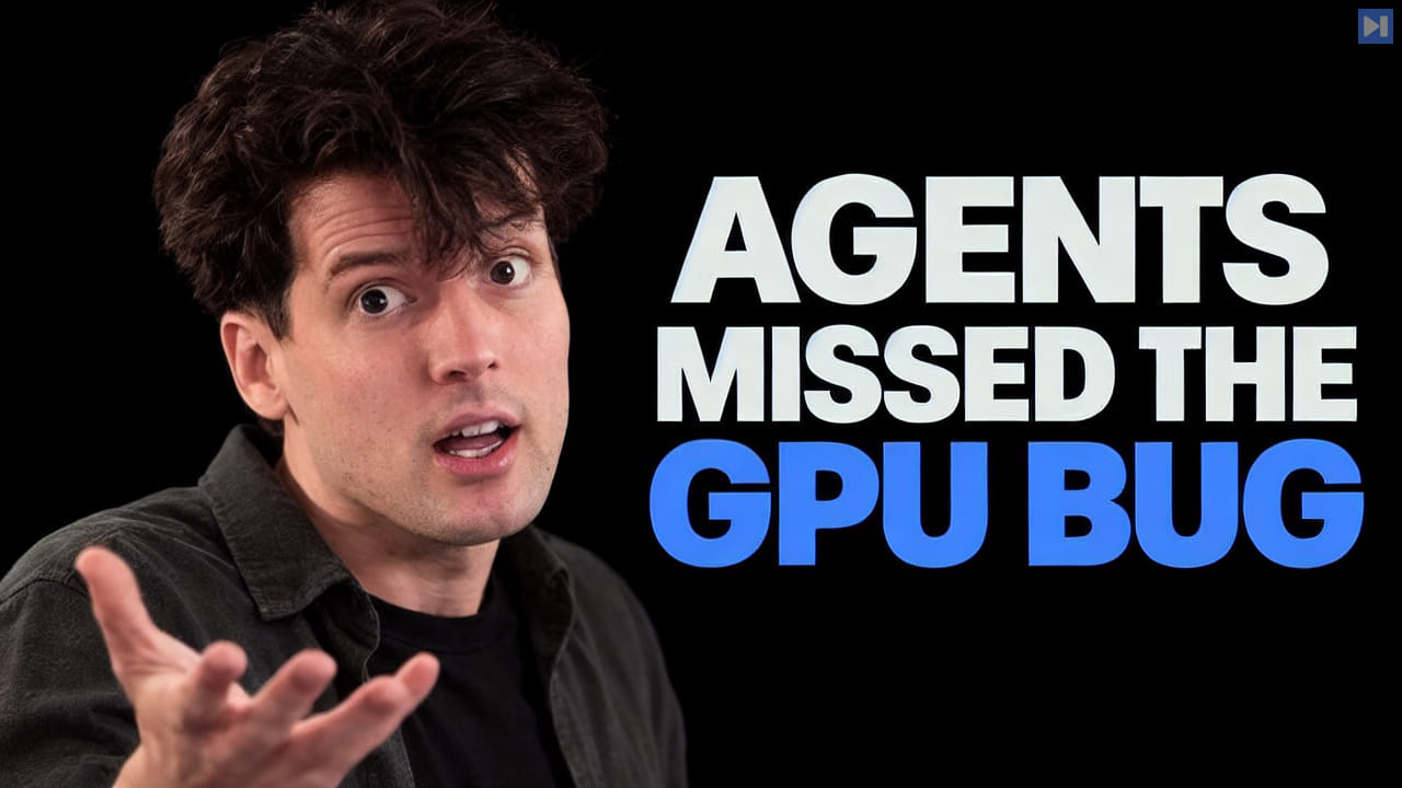 Theo Browne gestures beside the white-and-blue headline 'AGENTS MISSED THE GPU BUG' on a black background.