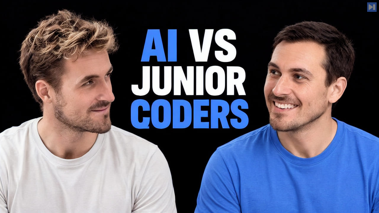 Pierce Freeman in white and Richard Diehl Martinez in blue against black, beside the blue and white headline "AI VS JUNIOR CODERS".