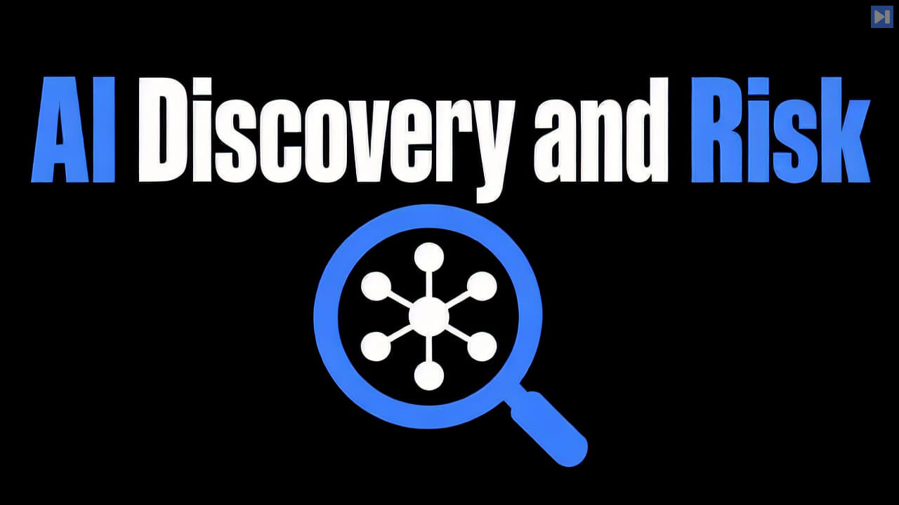 The headline AI Discovery and Risk above a blue magnifying glass surrounding a white connected-node symbol on a black background.