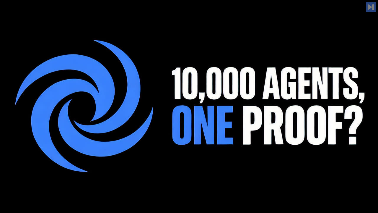 A flat attention-blue fluid vortex on a black background beside the headline ‘10,000 AGENTS, ONE PROOF?’.