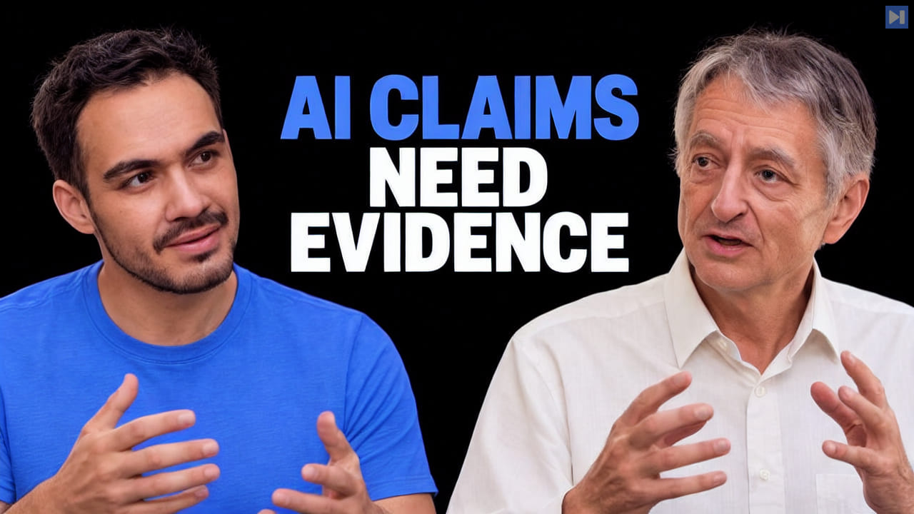 Diogo Almeida and Geoffrey Hinton gesture beside the headline AI Claims Need Evidence on a black background.