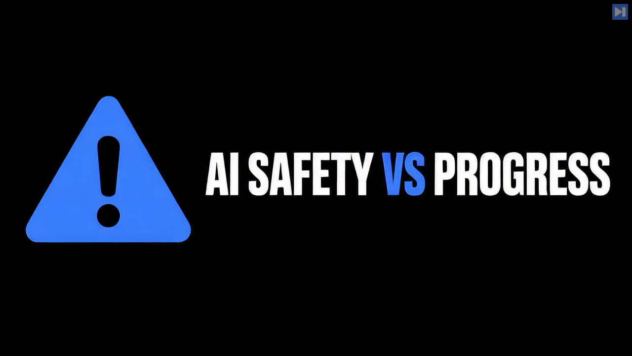 A flat attention-blue alert symbol on a black background beside the headline ‘AI SAFETY VS PROGRESS’.