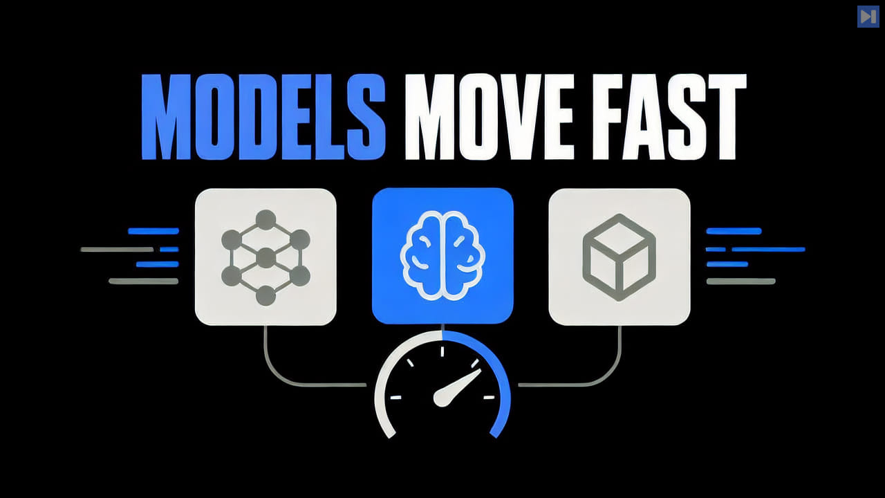 Blue and white headline “MODELS MOVE FAST” with abstract model cards and a control dial on a pure black background.