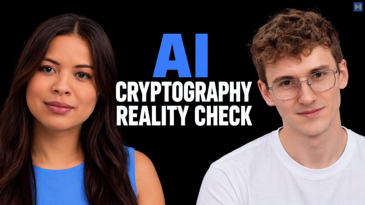 Sophia Dew and Sean Cheetham against a black background beside the blue-and-white headline “AI CRYPTOGRAPHY REALITY CHECK”.