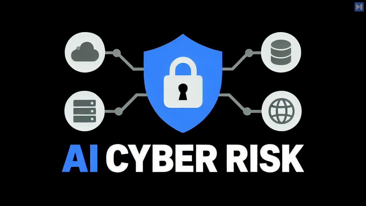 A flat shield and padlock connected to four infrastructure nodes above the blue and white headline AI CYBER RISK on black.