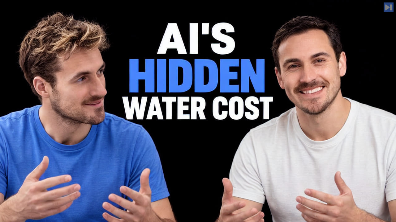 Pierce Freeman and Richard Diehl Martinez in blue and white tops against black, alongside the blue and white headline "AI'S HIDDEN WATER COST".