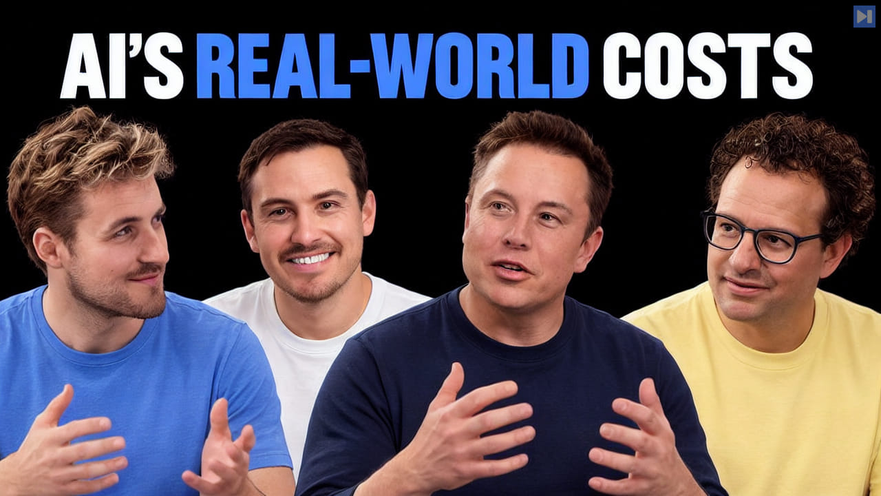 Pierce Freeman, Richard Diehl Martinez, Elon Musk and Dario Amodei against black beneath the blue and white headline "AI'S REAL-WORLD COSTS".