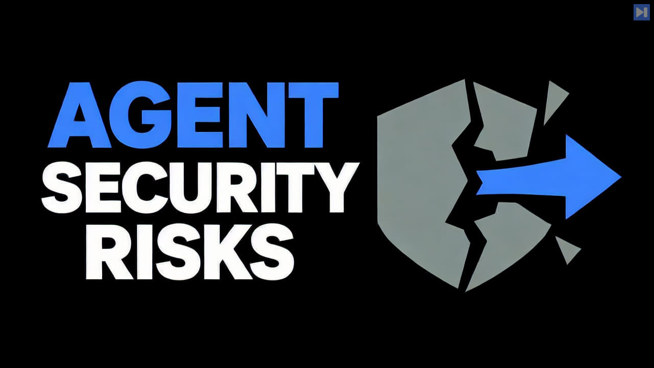 Flat editorial concept with the blue and white headline AGENT SECURITY RISKS on a black background.