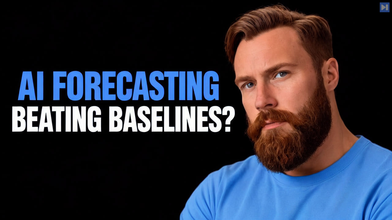 Kristian Fagerlie beside the blue and white headline “AI FORECASTING - BEATING BASELINES?” on a black background.