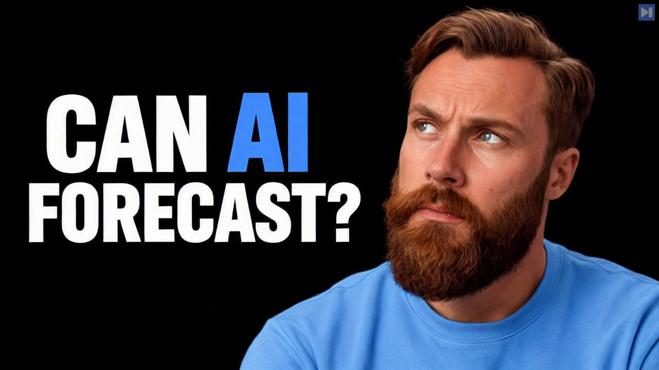 Kristian Fagerlie in blue looks upward beside the blue-and-white headline “CAN AI FORECAST?” on black.