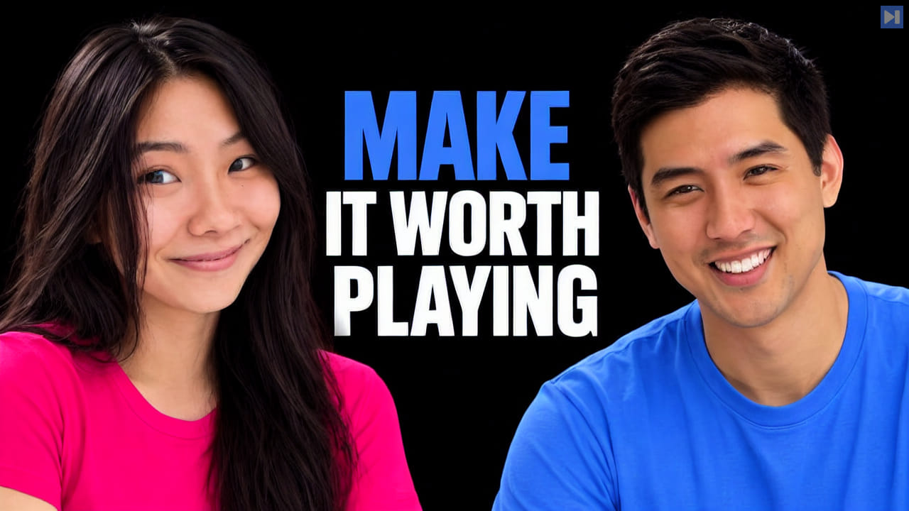 Danielle An in pink and David Hoe in blue flank the blue and white headline "MAKE IT WORTH PLAYING" on black.