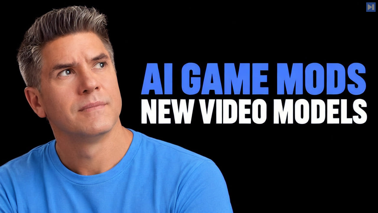 Tim Simmons beside the blue and white headline “AI GAME MODS - NEW VIDEO MODELS” on a black background.