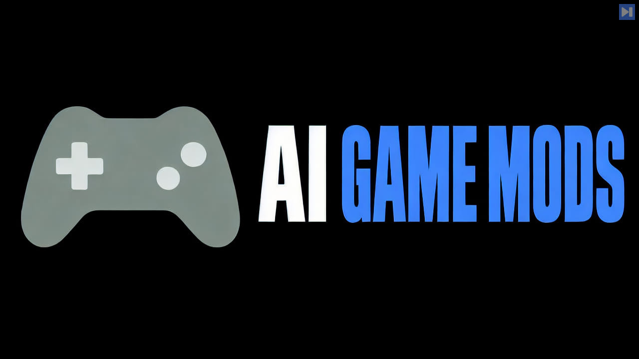 A blue game controller beside the headline AI GAME MODS on a black background.