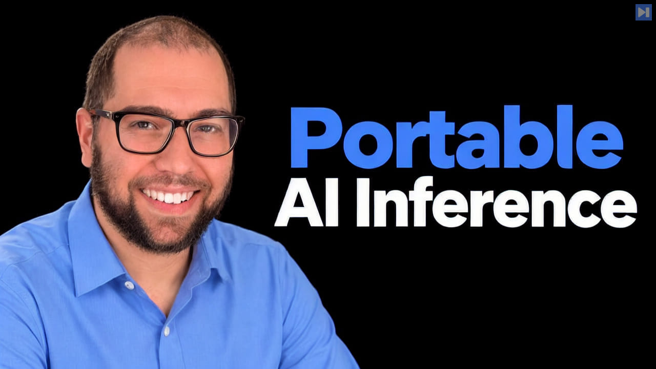 Abdul Dakkak in a blue top against black beside the blue-and-white headline “Portable AI Inference”.