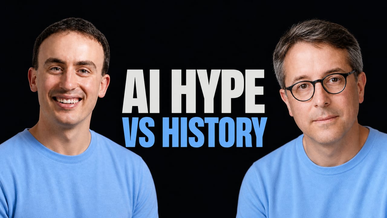 Jacob Effron and Benedict Evans beside the words AI Hype vs History