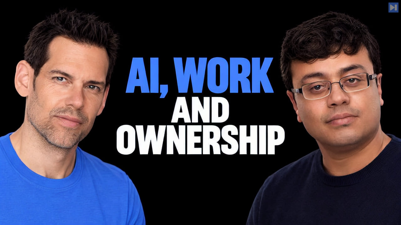 Tom Bilyeu on the left and Emad Mostaque on the right, with blue and white text reading “AI, work and ownership” on black.