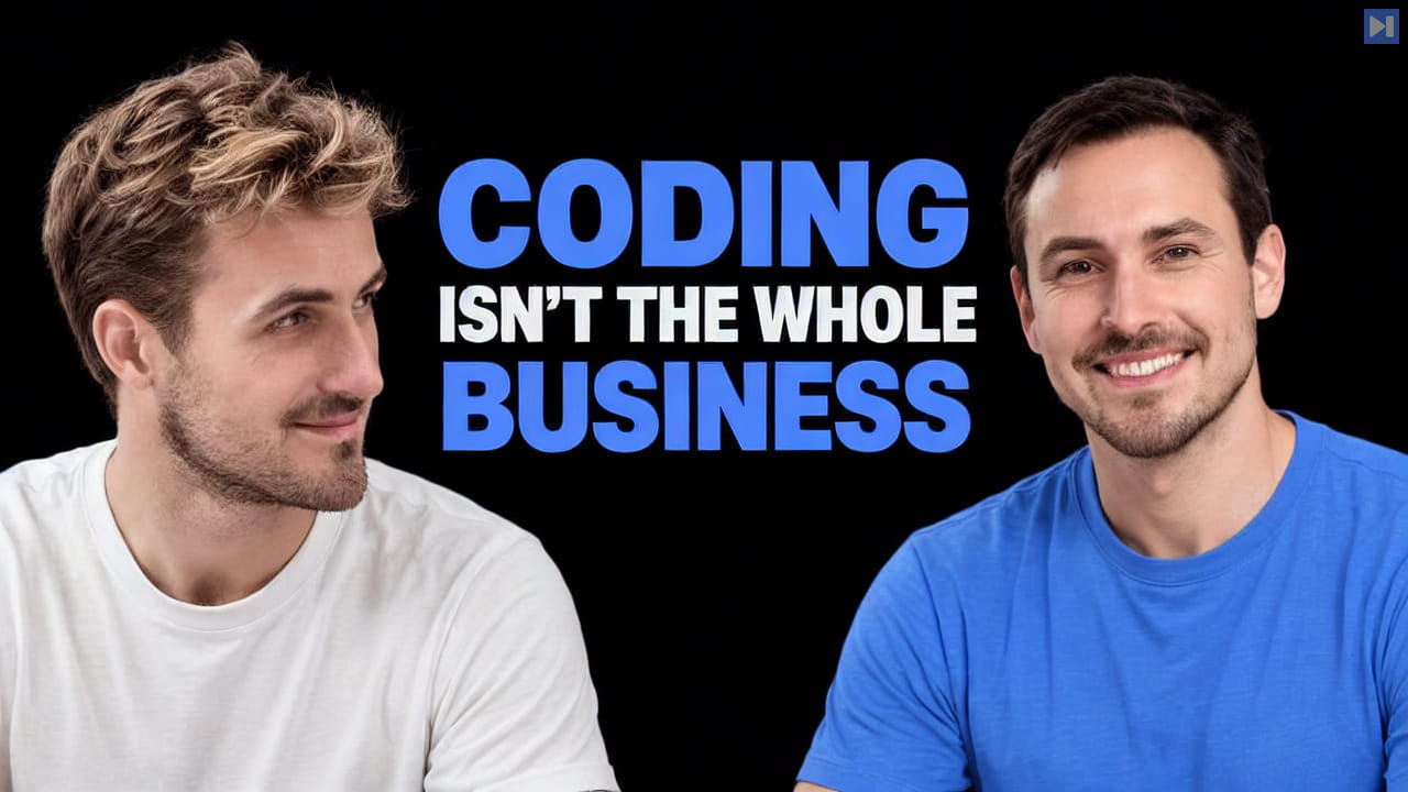 Pierce Freeman and Richard Diehl Martinez in blue and white tops against black, alongside the blue and white headline "CODING ISN'T THE WHOLE BUSINESS".