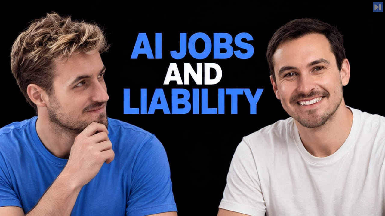Pierce Freeman and Richard Diehl Martinez in blue and white tops against black, one touching his chin, alongside the blue and white headline "AI JOBS AND LIABILITY".