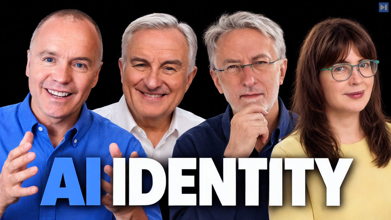 Phillip Shoemaker, Leo Laporte, Jeff Jarvis and Paris Martineau beside the headline AI Identity on black.