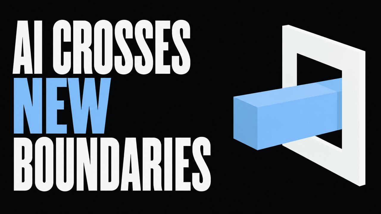 The words AI Crosses New Boundaries beside one blue block passing through a simple threshold