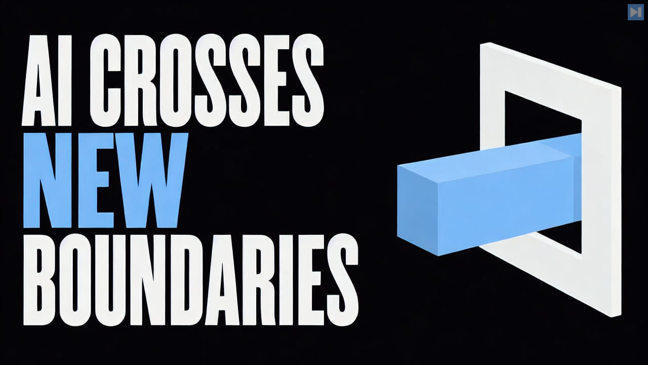 The words AI Crosses New Boundaries beside one blue block passing through a simple threshold