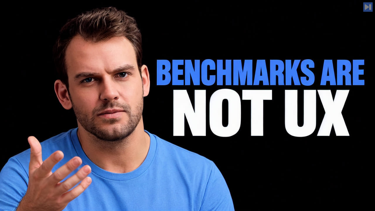 Nathaniel Whittemore beside the blue-and-white headline BENCHMARKS ARE NOT UX on a black background.