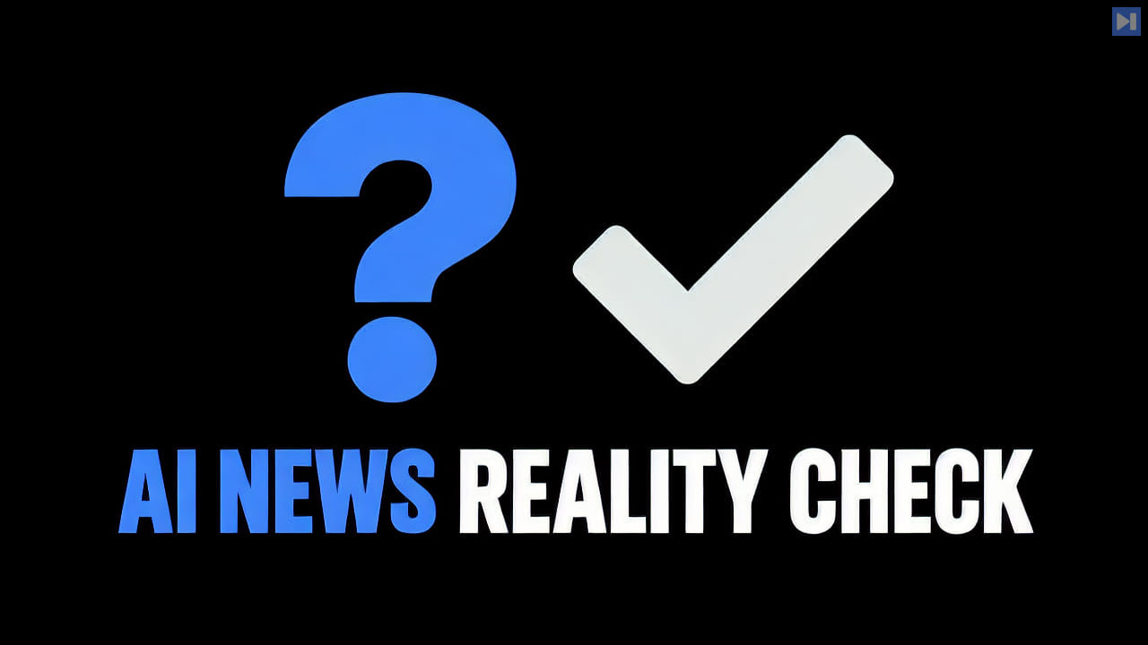 Blue question mark and pale check mark above the blue and white headline AI News Reality Check on black.