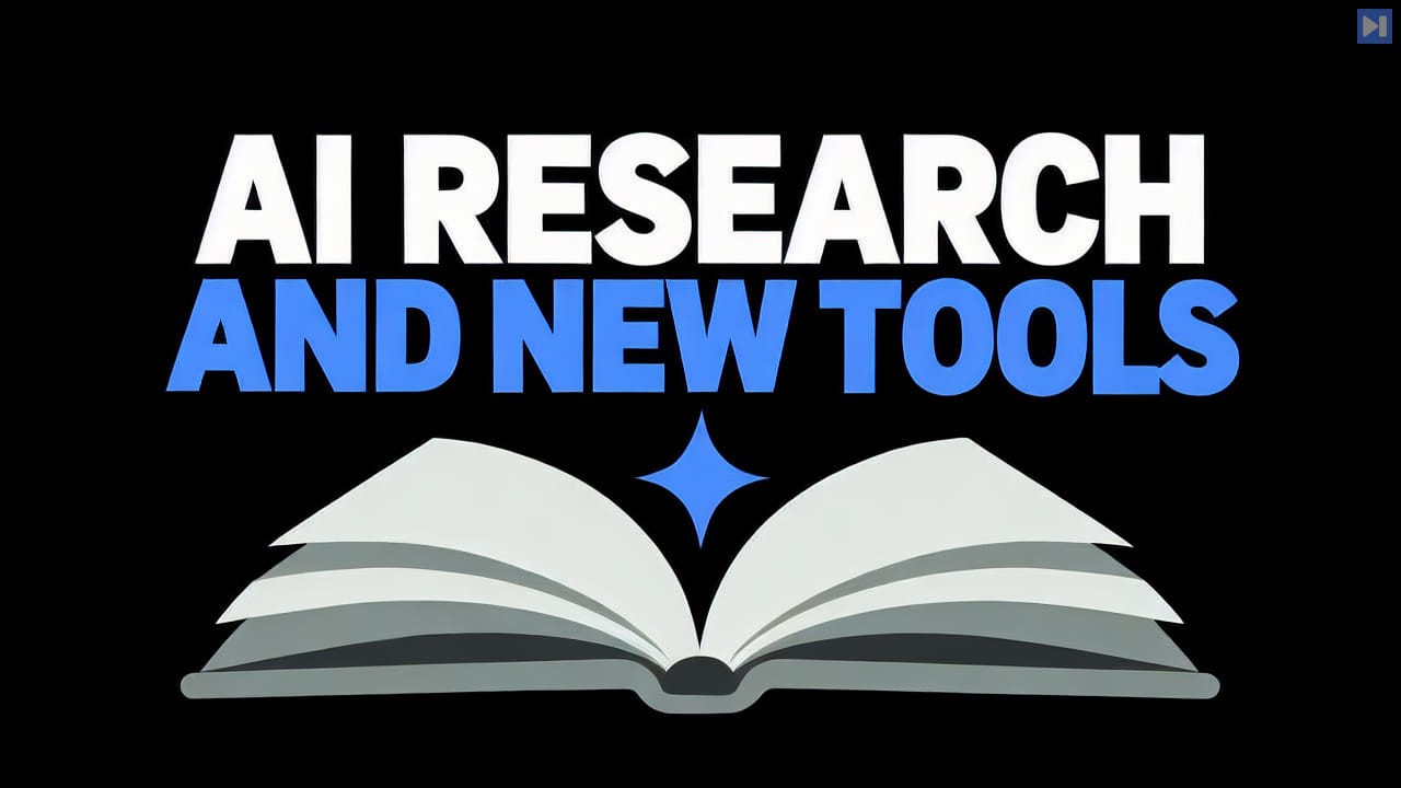 A simple flat open-book illustration and blue spark below the white and blue headline 'AI RESEARCH AND NEW TOOLS' on black.