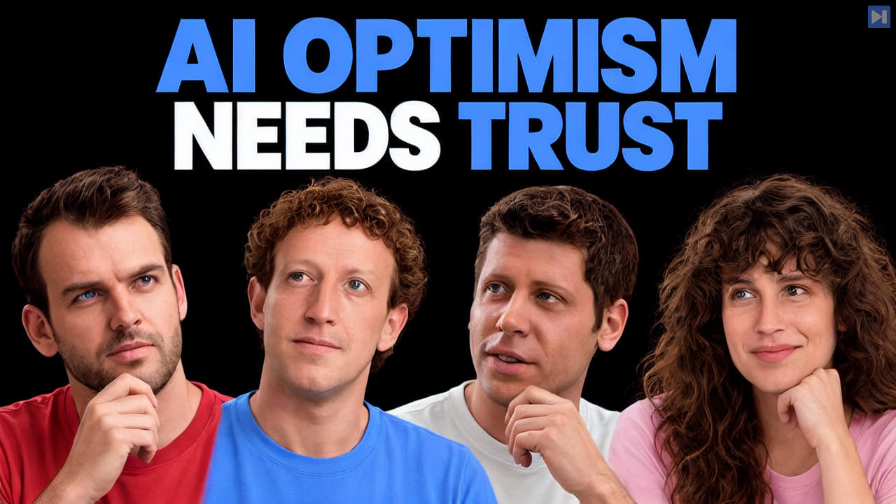 Nathaniel Whittemore, Mark Zuckerberg, Sam Altman, Elizabeth Lopatto with the headline AI OPTIMISM NEEDS TRUST.