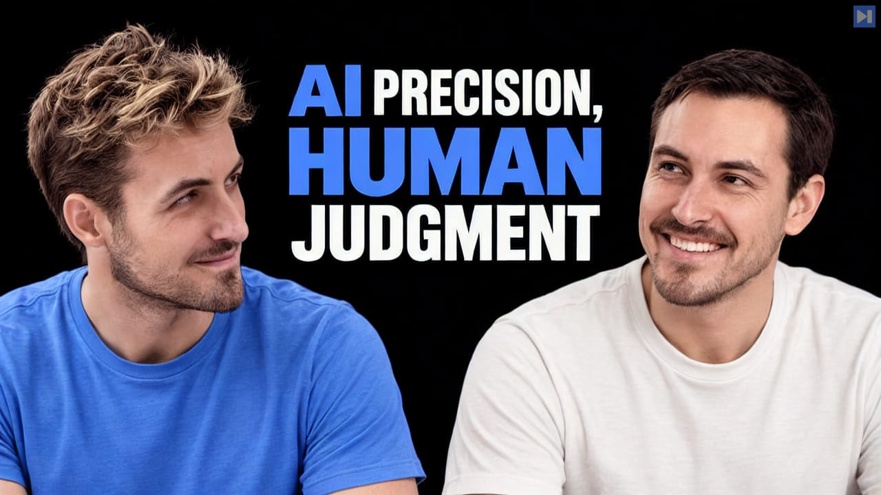 Pierce Freeman and Richard Diehl Martinez in blue and white tops smile against black, beside the blue and white headline 'AI PRECISION, HUMAN JUDGMENT'.