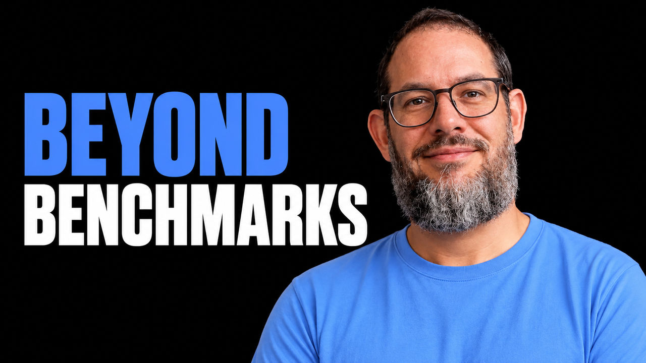 Nate B Jones beside the blue and white headline BEYOND BENCHMARKS on a black background.