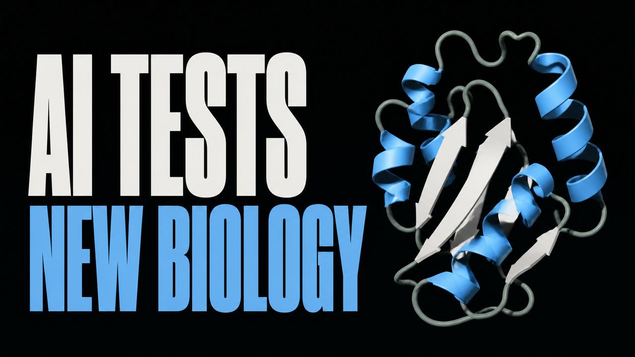 Words AI Tests New Biology beside a simplified folded protein ribbon