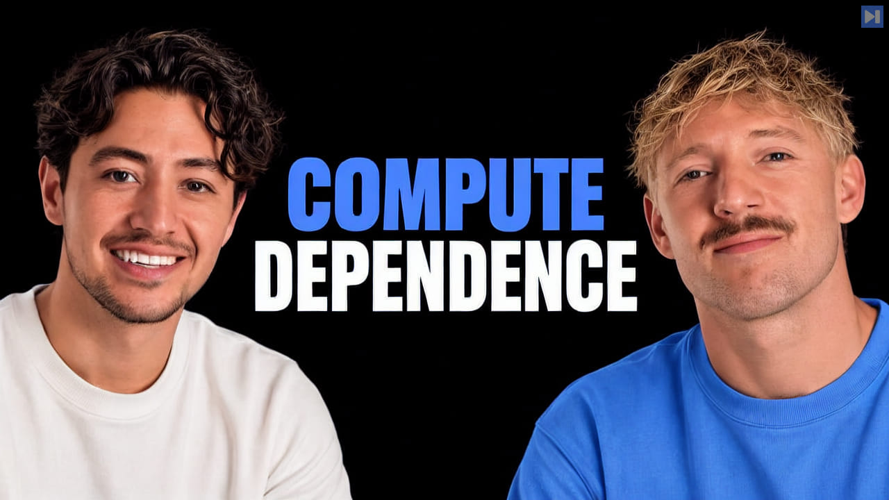 Nick Saraev in off-white and Jack Roberts in blue flank the blue and white “COMPUTE DEPENDENCE” headline on black.