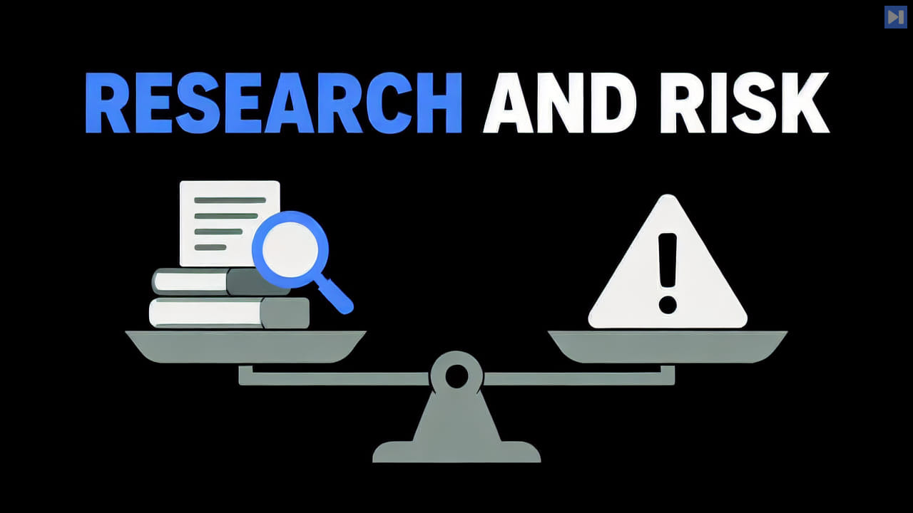 Flat balance illustration contrasting research and risk, with books, a magnifier and a warning symbol below the blue-and-white headline "RESEARCH AND RISK".