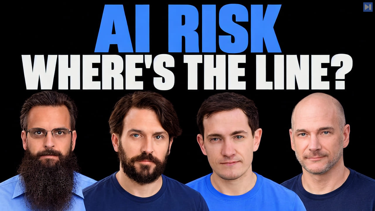 Roman Yampolskiy, Nate Soares, Ed Zitron and Andrew McAfee beneath blue “AI RISK” and white “WHERE’S THE LINE?” on black.