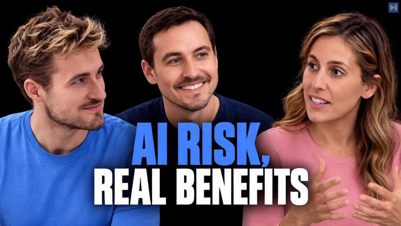Pierce Freeman, Richard Diehl Martinez and Carolyn Reston beside blue and white text reading AI RISK, REAL BENEFITS on a black background.