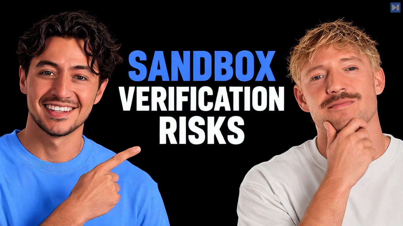 Portraits of Nick Saraev and Jack Roberts beside the blue-and-white headline "SANDBOX VERIFICATION RISKS" on a black background.