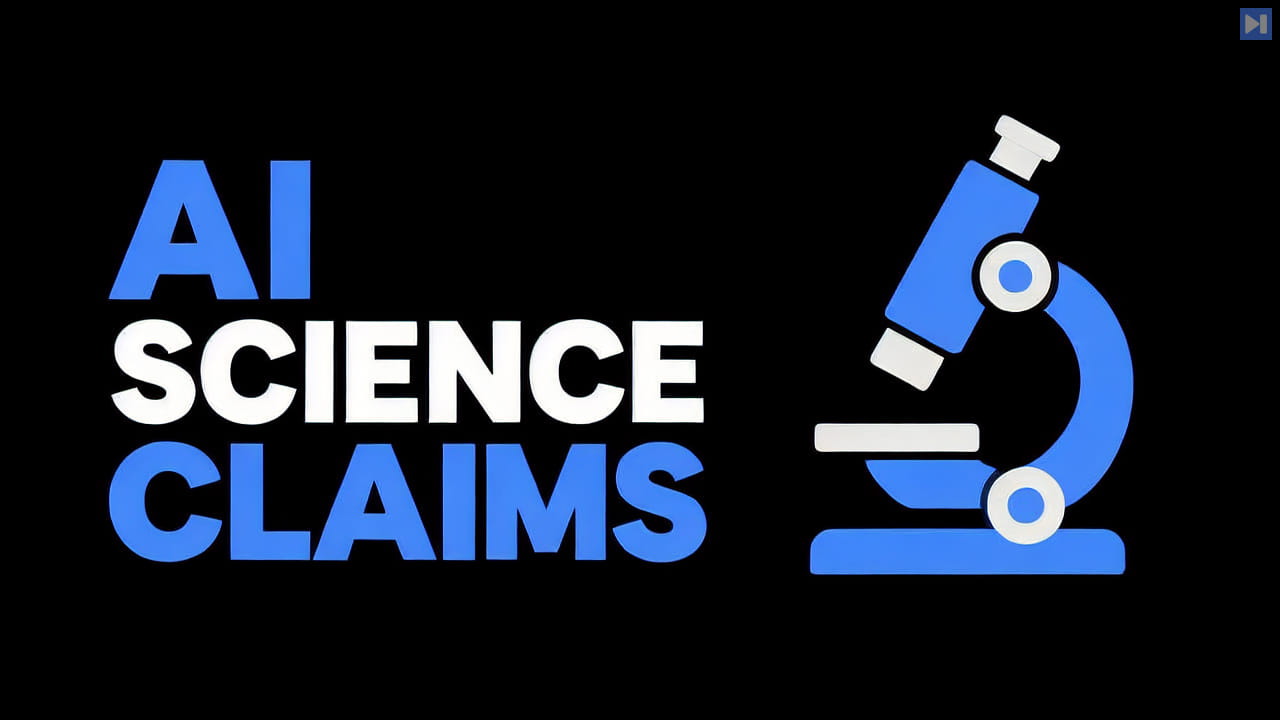 A flat blue and off-white microscope against pure black beside the white and blue headline AI SCIENCE CLAIMS.