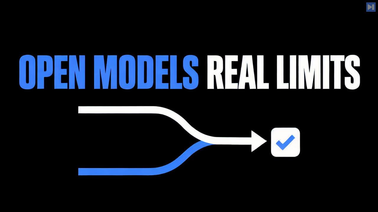 Blue and white lines merge into an arrow pointing to a checkmark beneath the blue-and-white headline “OPEN MODELS REAL LIMITS” on black.