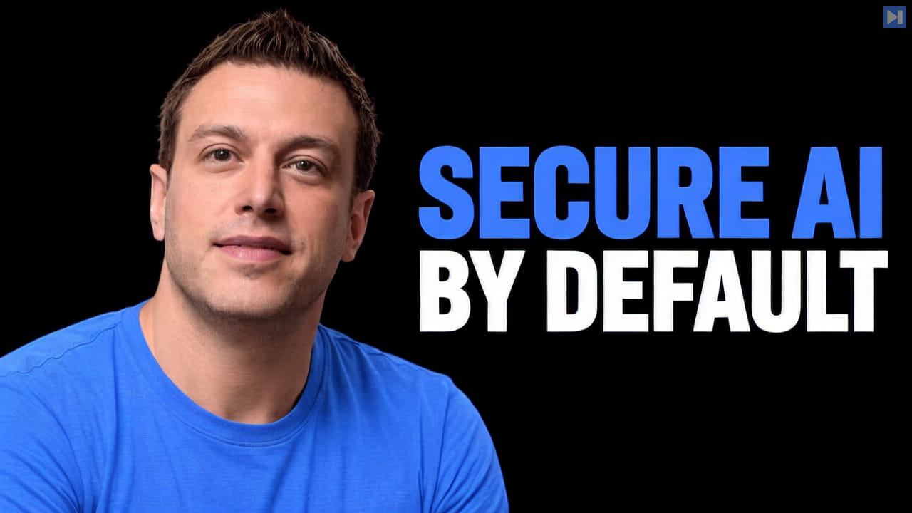Randall Degges in a blue top beside the blue-and-white headline “SECURE AI BY DEFAULT” on a black background.