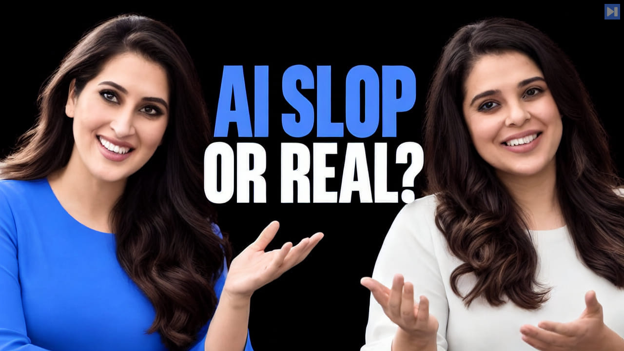 Misbah and Farah Uraizee gesture beside the blue-and-white AI SLOP OR REAL? headline on a black background.