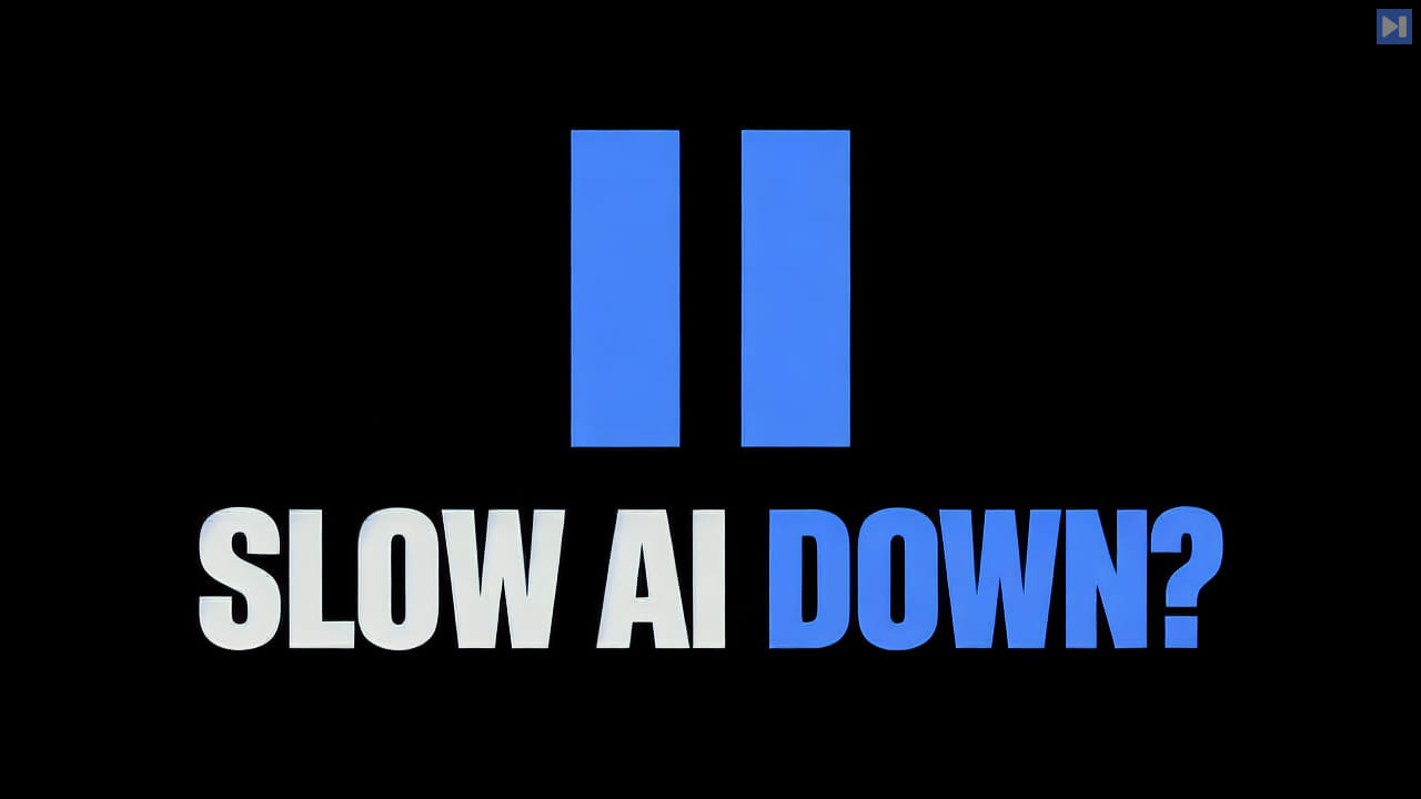 A simple flat blue pause symbol beside the headline SLOW AI DOWN? on a black background.