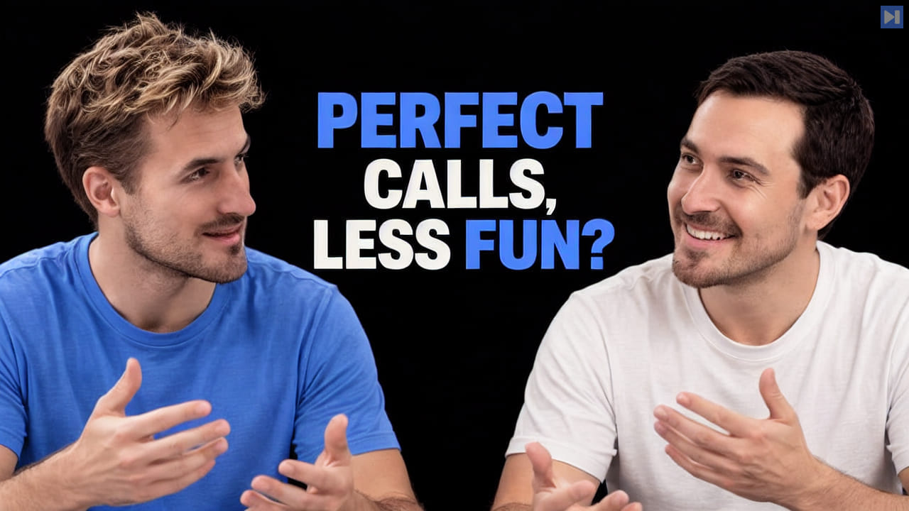 Pierce Freeman and Richard Diehl Martinez smile and gesture in blue and white tops against black, beside the blue and white headline 'PERFECT CALLS, LESS FUN?'.