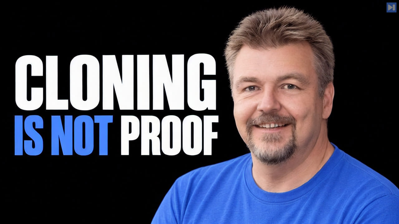 Dave Plummer against a black background beside the blue-and-white headline “CLONING IS NOT PROOF”.